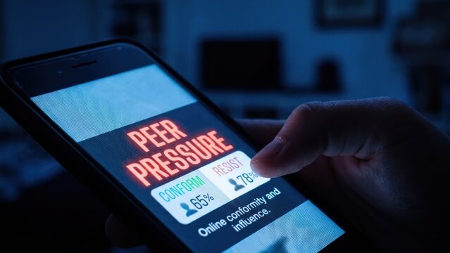 Teenager's Hand Holding Phone Displaying Peer Pressure and Social Media Poll Results