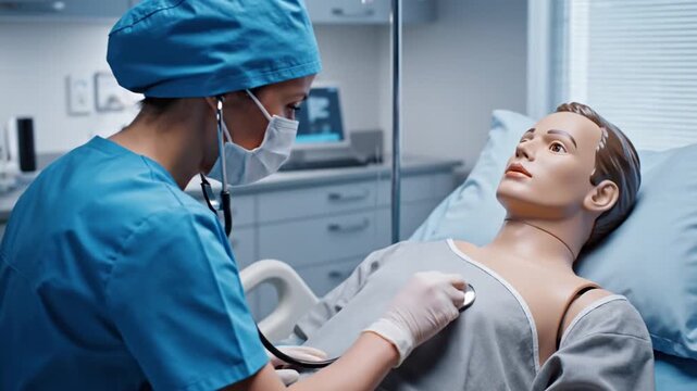 Nurse Practicing With Medical Dummy in Hospital Room
