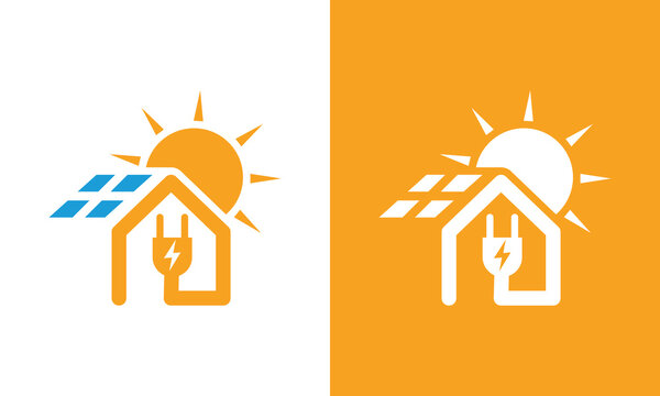 Solar energy house logo design with sun and plug for ecofriendly power.