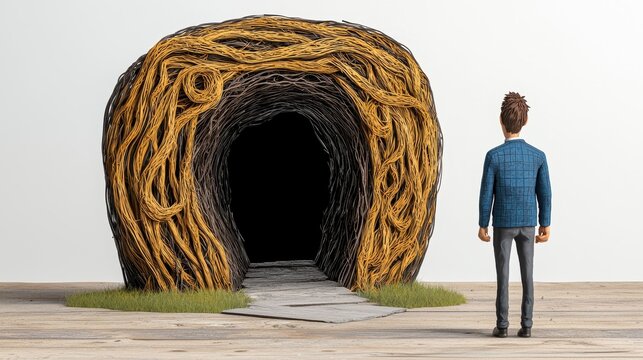 Miniature Businessman Facing Pixelated Cave Entrance