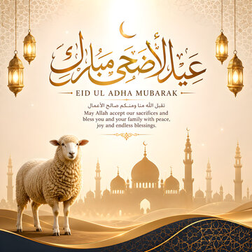 ​Eid ul Adha Mubarak greeting card with cute sacrificial sheep, mosque silhouette, and hanging lanterns. Islamic festival background for Qurbani feast, religious celebration, and holiday banner 2026