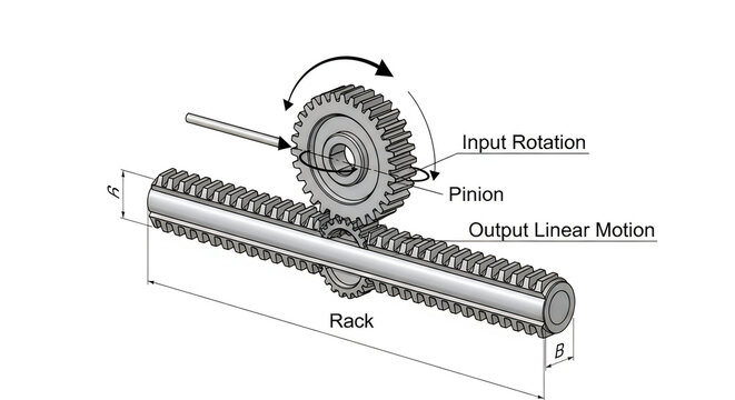 Rack and pinion gear system with labeled components