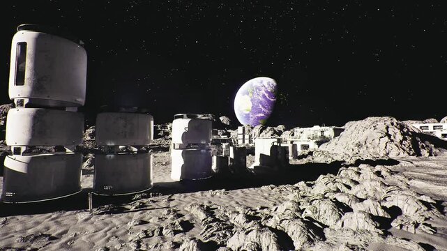 moon base modules casting long shadows with clustered industrial pods, illuminated hatches, utility walkways, rugged crater rim, distant purple earth glow,
