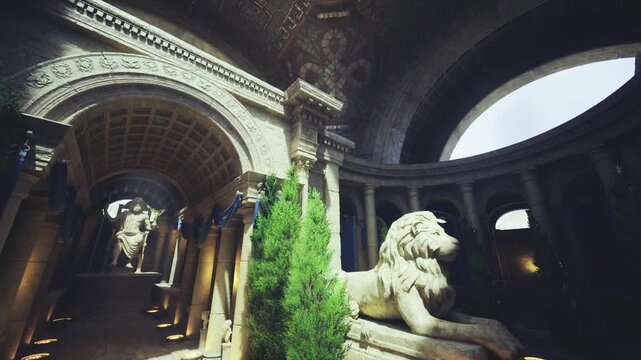 Sunlit ceremonial hall with marble columns, guardian lion statue, blue drapery, trimmed cypress, vaulted rotunda, warm golden light, cinematic atmosphere,