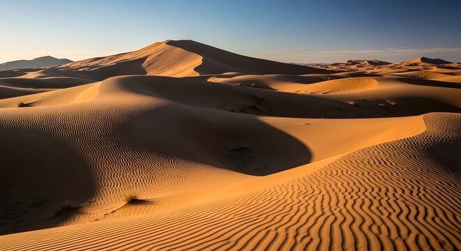 Sand dunes in desert landscape with morning sunlight and clear sky scenic arid vista