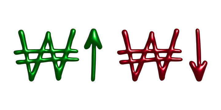 3d won currency symbol Growth and fall profit with arrow up and down Element for design