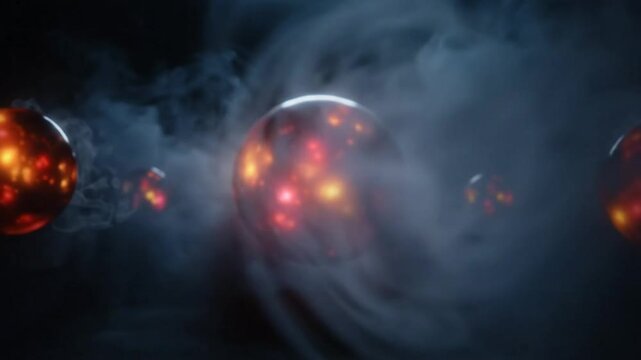 Mysterious fiery glowing orbs float surrounded by ominous fog in dark atmospheric visualization