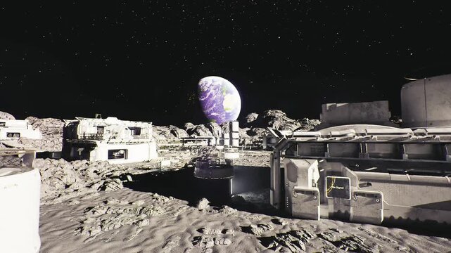 lunar observation deck beneath violet planet wide panoramic view of base modules, reflective pool, starfield, advanced solar arrays, silent regolith and distant