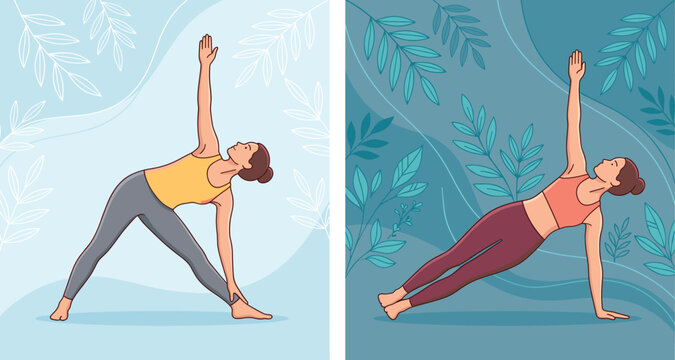 Yoga pose illustration with women practicing triangle and side plank exercises, wellness activity and healthy lifestyle concept in modern flat design