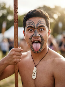 Young Māori man performing haka with traditional ta moko face tattoo and carved wooden weapon, Māori culture of New Zealand