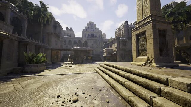 sunlit empty stone plaza with arched colonnades and long patterned shadows, warm golden light highlighting cobblestone texture, cinematic stillness evokes