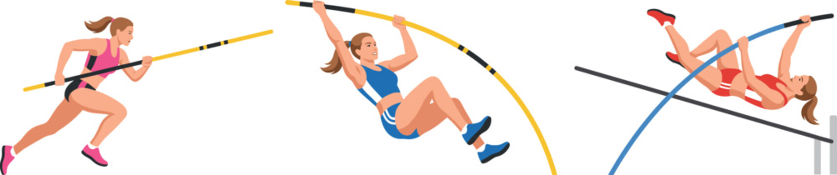 Pole vault and high jump athletes illustration set with dynamic track and field action poses for sports competition and fitness design