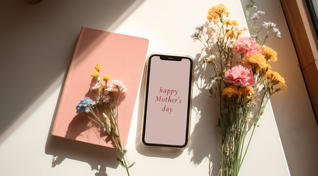 iPhone screen with Happy Mother's Day greeting and colorful floral illustration
