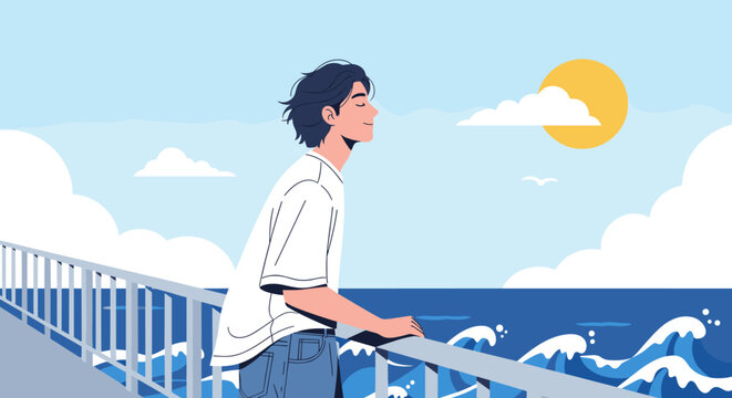 young man relaxing by the sea enjoying summer ocean view