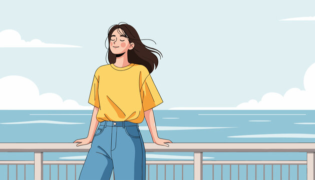 calm woman enjoying sea breeze on seaside balcony in summer