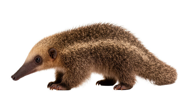 Brown spiny tenrec standing profile view with short legs and long fur