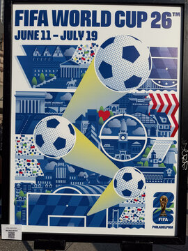 Toronto, Ontario, Canada, June 12, 2025: City of Toronto celebrate Soccer Day and one-year countdown to FIFA World Cup 26 at Nathan Phillips Square. Host City poster.
