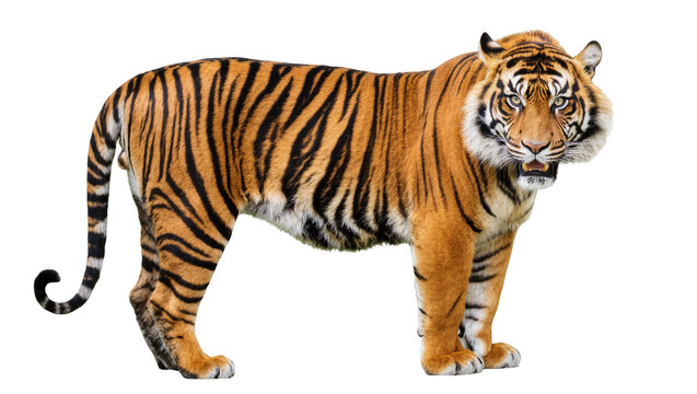 Orange striped Bengal tiger standing facing right with curled tail