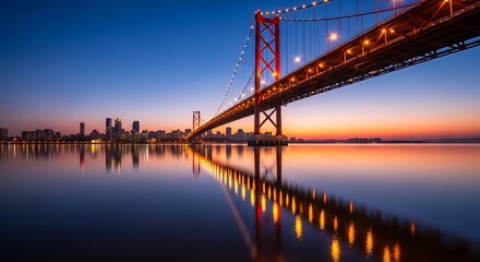 Fototapeta premium Majestic suspension bridge over calm water reflecting the glowing sunset city skyline