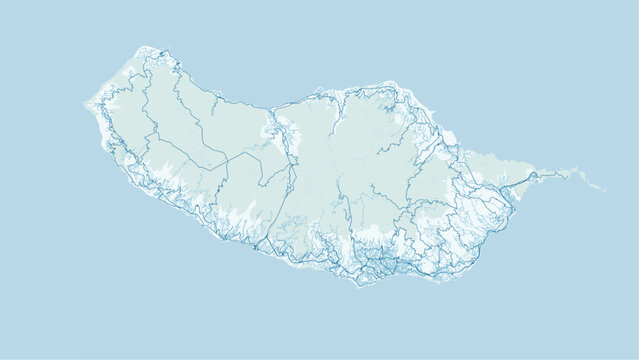 Modern minimalist vector map of Madeira Island, Portugal. High-quality SVG illustration of Funchal, coastline, and geographic layout for travel posters, infographics, and web design.