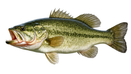 Naklejka premium Green speckled Largemouth Bass fish with dark fins and open mouth