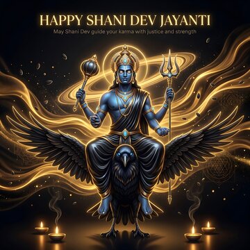 Shani dev deity in blue skin seated on black bird holding trident and mace celebrating jayanti