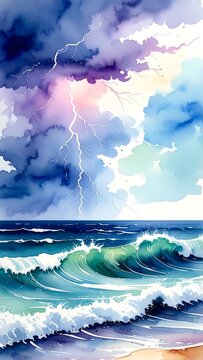 Vivid watercolor seascape stormy clouds with lightning over crashing waves, meeting shore in a vertical format