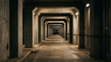 Obraz premium Long dark interior tunnel with many columns and repeating concrete pillars.