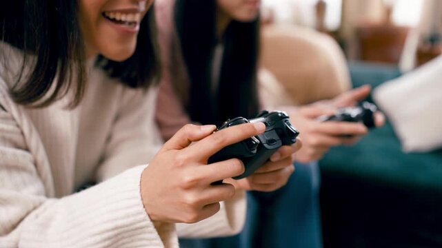 Happy young lesbian couple smiling while playing competitive video games on a console. Close up on hands holding the joysticks