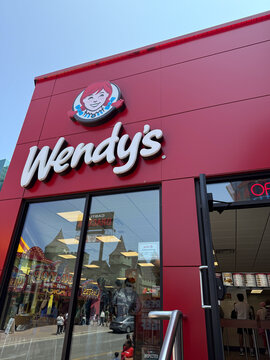 Niagara Falls, Ontario, Canada, June 14, 2025: Wendy's fast food restaurant exterior on Clifton Hill Niagara.