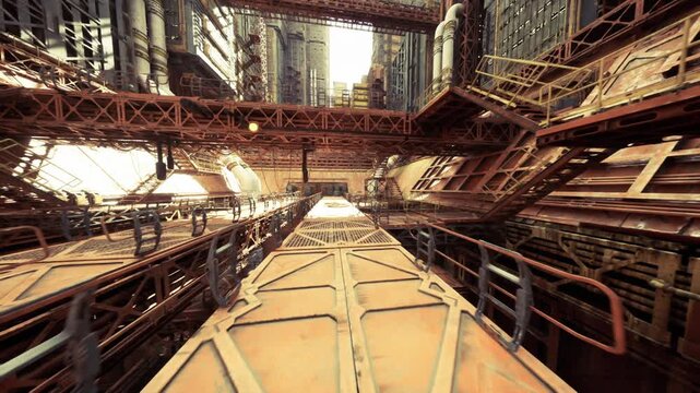 Ship engine corridor with bulkheads, extensive piping and pump assemblies, handrails and ladders lining narrow transit route, maritime industrial mood with aged
