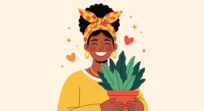 Smiling black woman wearing a yellow shirt and patterned headband holding a green potted plant against a warm background with red hearts.