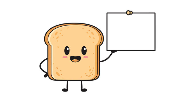 Cute slice of bread character with a happy face holding a white blank sign board for custom advertisement or promotional messages.