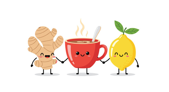 Happy characters of ginger root a red tea cup and a yellow lemon holding hands representing a healthy herbal tea remedy for colds.