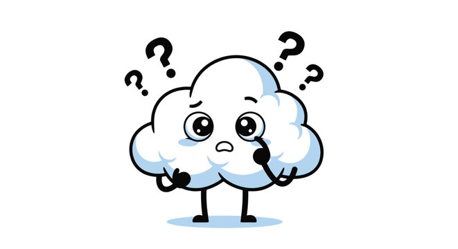 Worried white cloud character with big eyes and question marks feeling lost or uncertain about a decision or problem on a white background.