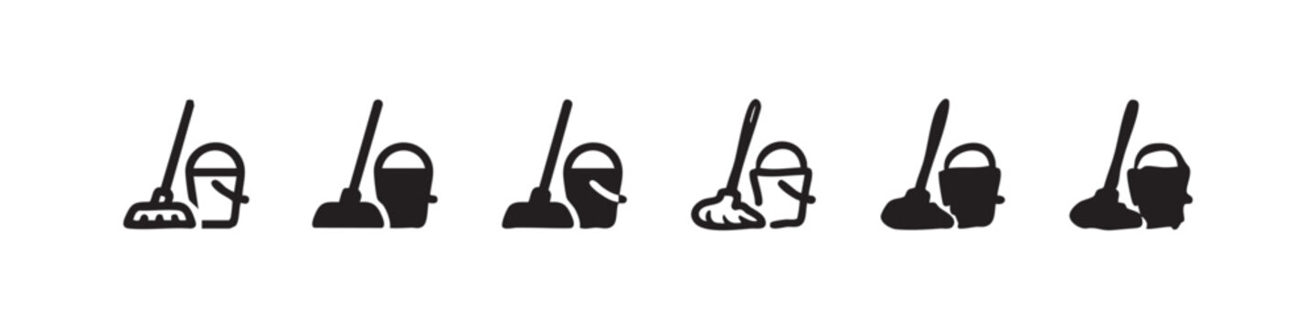 Cleaning service icons featuring broom and bucket for hygiene themes