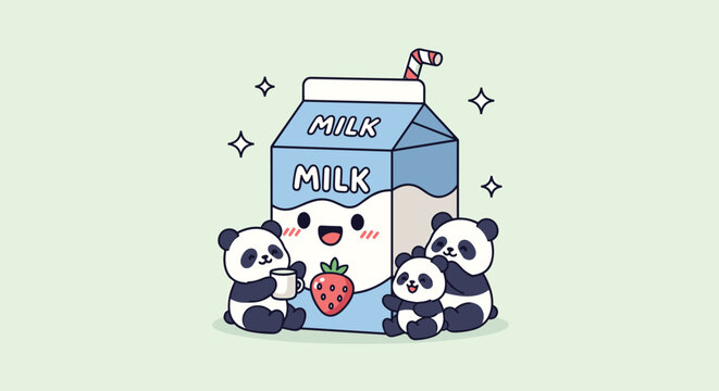 Cute milk carton cartoon character surrounded by friendly pandas and a strawberry on a soft green background.