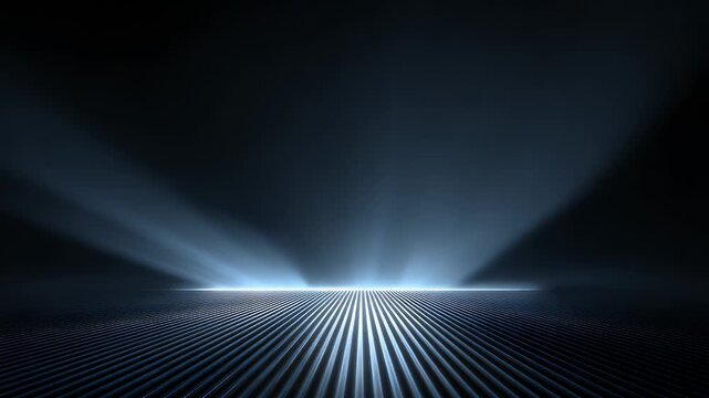 Abstract background featuring shining blue beams of light over dark metallic corrugated surface moving forward in loop motion footage for futuristic digital presentation or modern high tech visual.