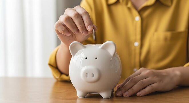 Person putting coin into white piggy bank on wooden table indoors