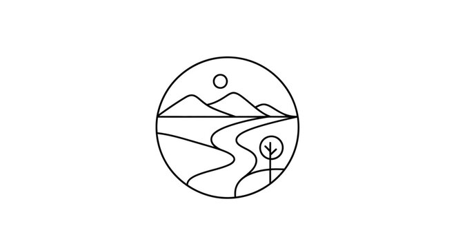 Minimalist Landscape Circle Icon: Mountains, River, Sun, Tree