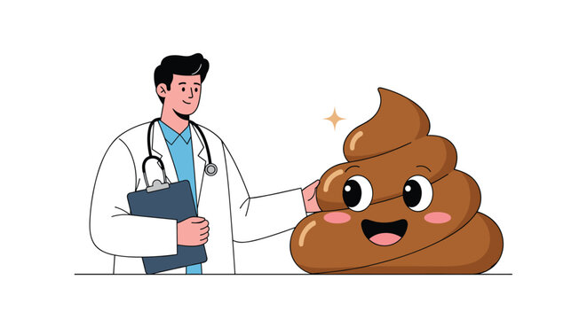 Friendly male doctor in a white coat holding a clipboard and standing next to a large happy cartoon poop character symbolizing digestive health.