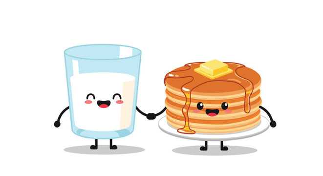 Cute cartoon glass of milk and a stack of pancakes with butter and syrup holding hands and smiling on a white background for breakfast themes.