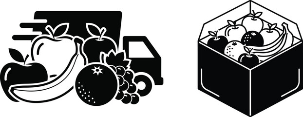 Obraz premium Isometric fruit delivery icons truck with produce and box with fruits
