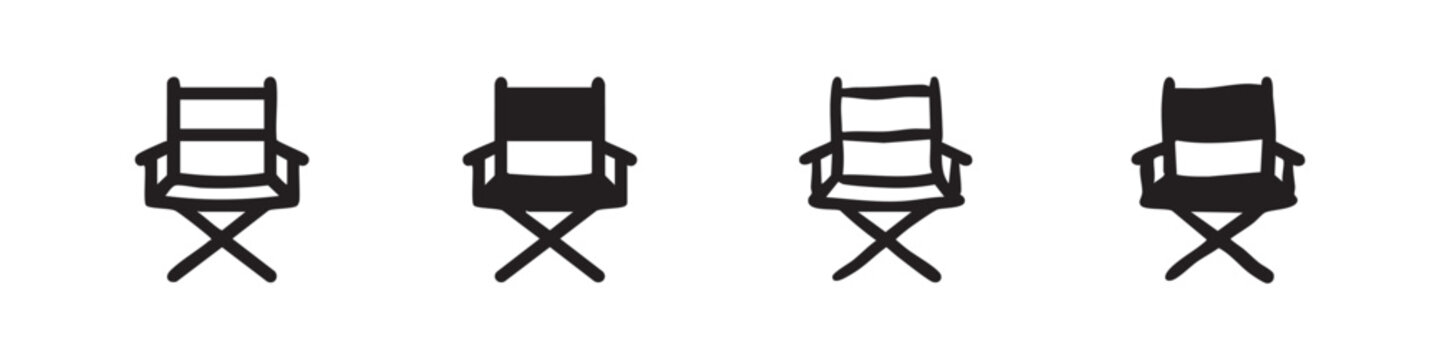 Director's chair icon set in various styles, filmmaking and cinema production symbols, vector illustration.