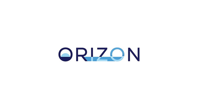A blue half-circle and line create a minimalist "Orizon" logo design.