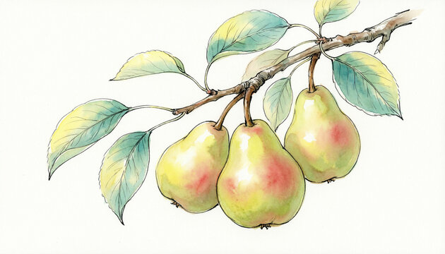 watercolor-style illustration, graceful branch of a pear tree on white