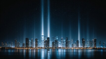 Fototapeta premium Smart city skyline at night with digital light beam and reflection over water