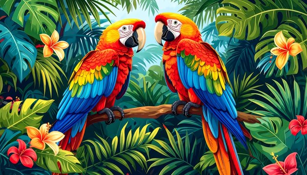 Vibrant parrots in lush jungle setting