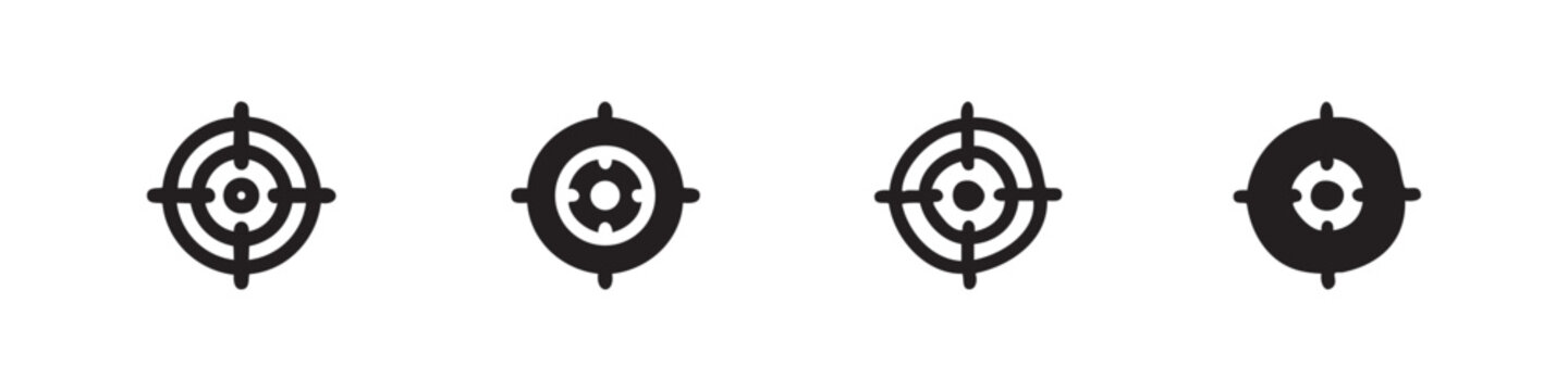 Target or crosshair icon set in various styles. Aim, goal, focus, and accuracy symbols, for precision themes, vector.