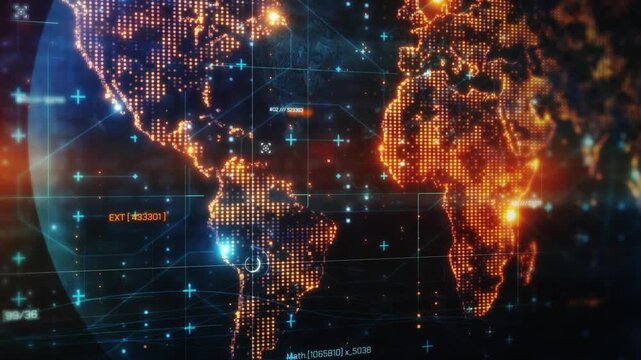 Global Network Connections - A digital video of a interconnected network of glowing nodes and lines expanding across a red world map. The represents data flow and global connectivity.